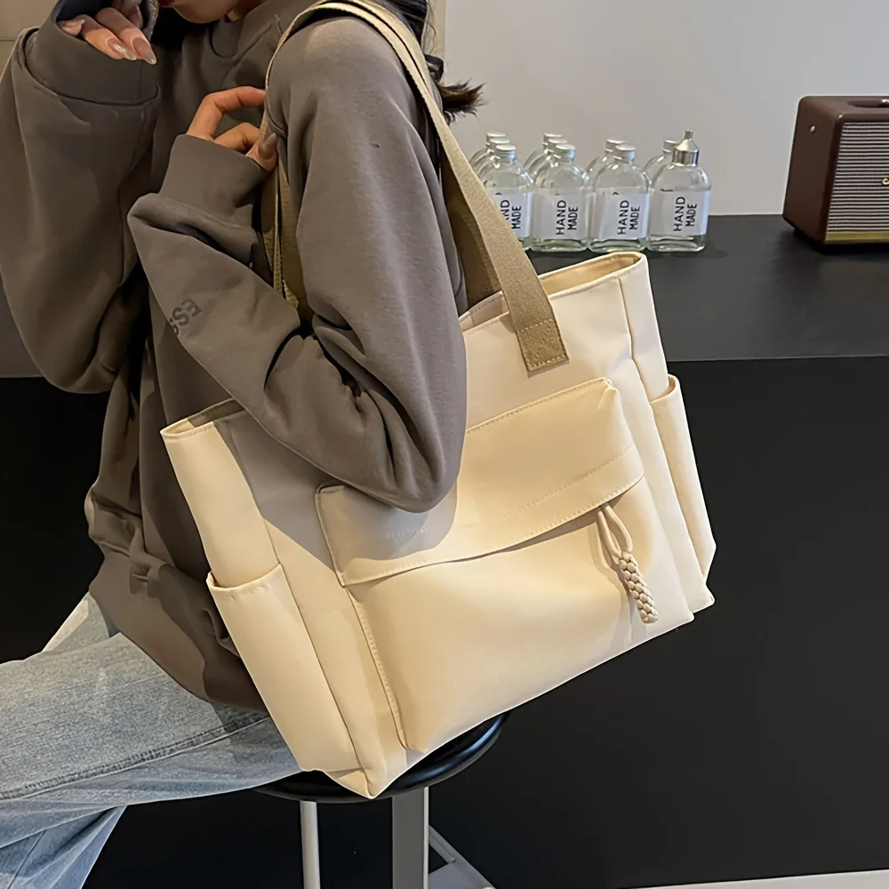 Nylon Tote Bag with Multiple Pocket Lightweight Foldable Design for Office Commute Shopping Fitness Storage Handbag Shoulder Bag