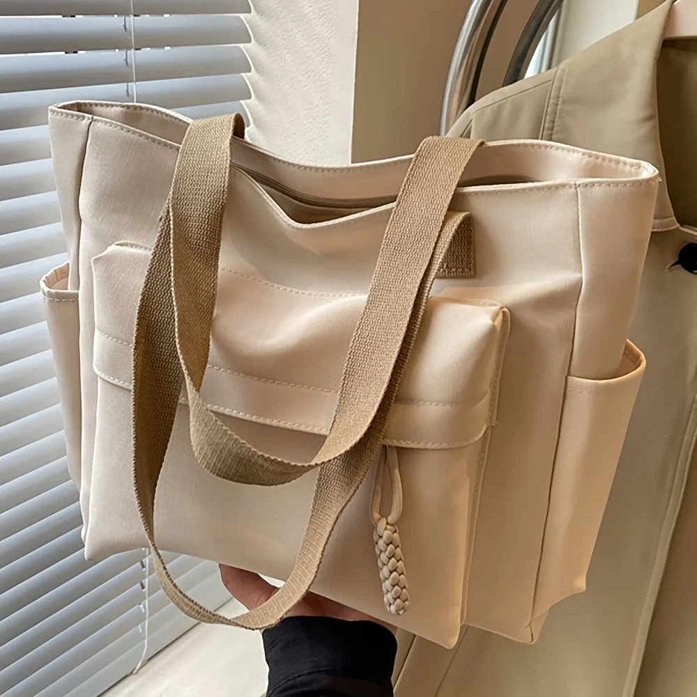 Nylon Tote Bag with Multiple Pocket Lightweight Foldable Design for Office Commute Shopping Fitness Storage Handbag Shoulder Bag