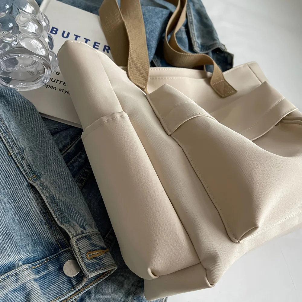 Nylon Tote Bag with Multiple Pocket Lightweight Foldable Design for Office Commute Shopping Fitness Storage Handbag Shoulder Bag
