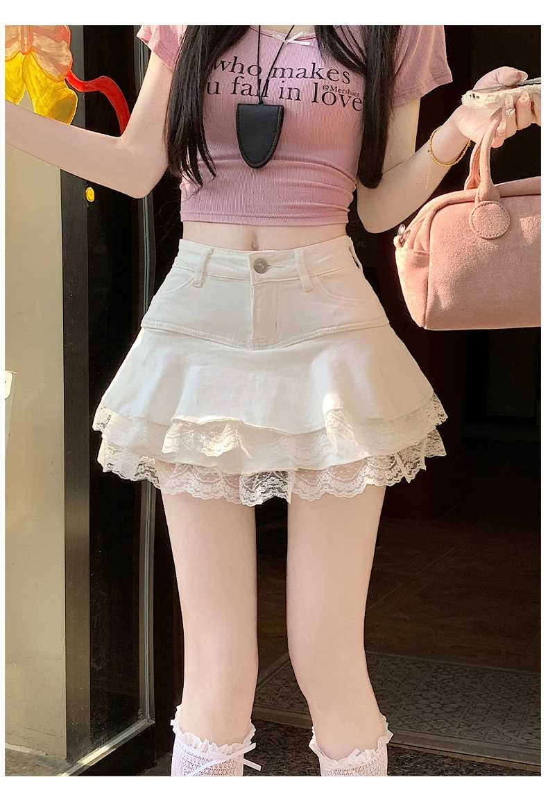 2025 Summer Mini Y2K Denim Skirt Women Fashion Streetwear Ruffles Kawaii Lace Skirts Shorts Preppy School Pleated Jeans Skirt