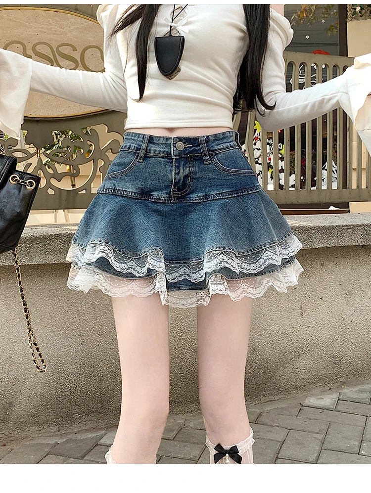 2025 Summer Mini Y2K Denim Skirt Women Fashion Streetwear Ruffles Kawaii Lace Skirts Shorts Preppy School Pleated Jeans Skirt