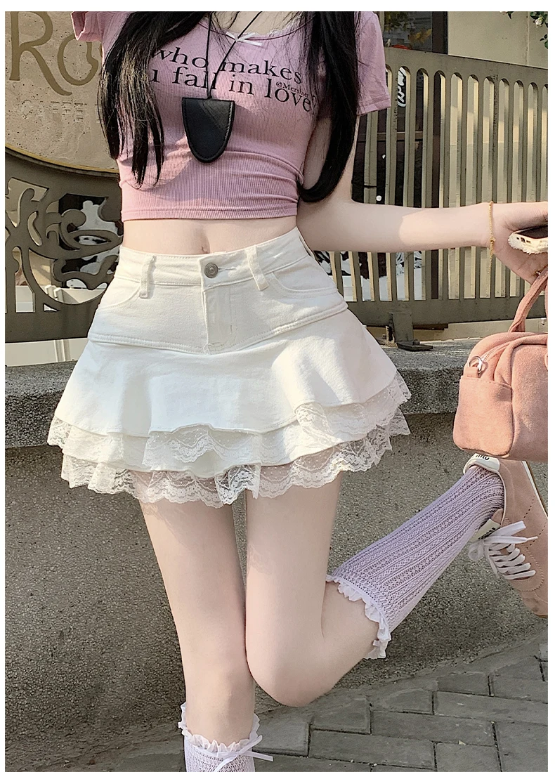 2025 Summer Mini Y2K Denim Skirt Women Fashion Streetwear Ruffles Kawaii Lace Skirts Shorts Preppy School Pleated Jeans Skirt