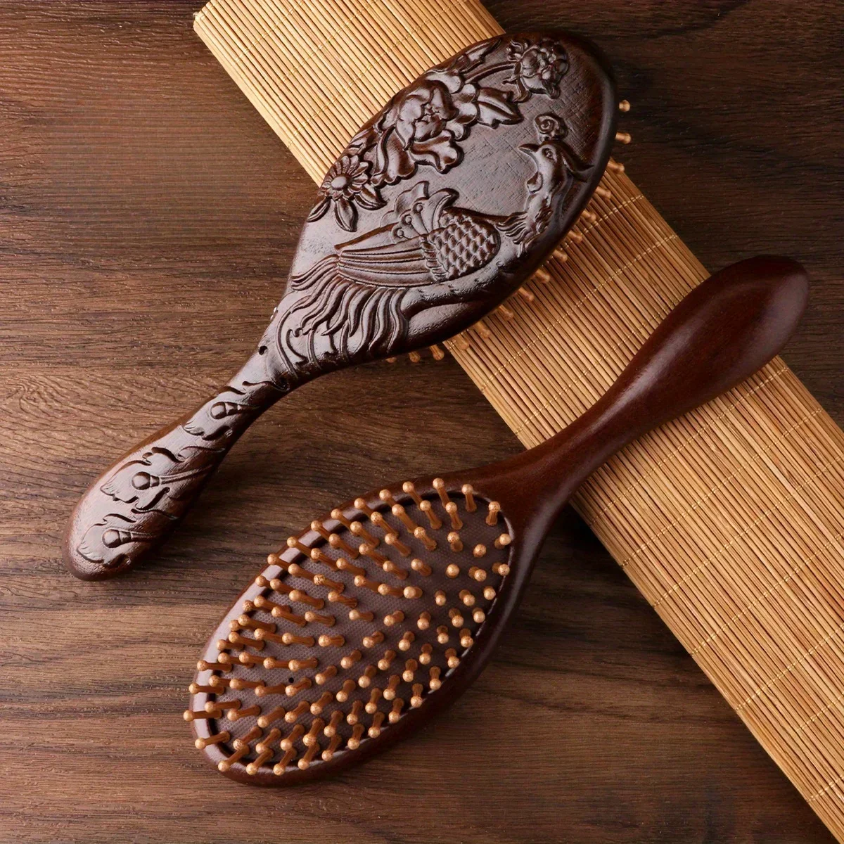 1pc Sandalwood Hand Carved Air Cushion Comb with Bamboo Teeth, Oval Scalp Massage Brush for All Hair Types, Wooden Hair Styling