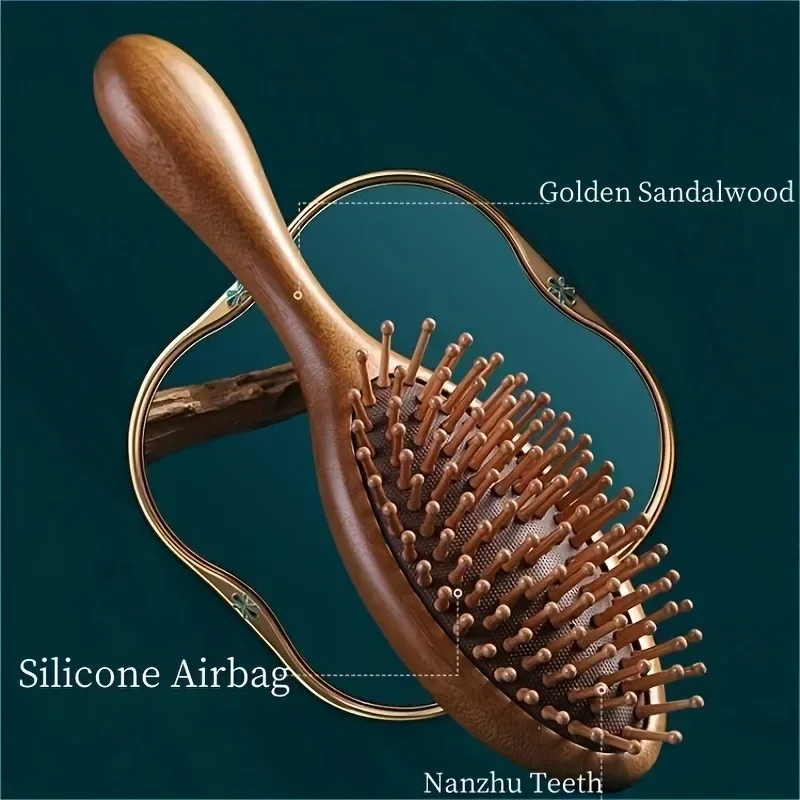 1pc Sandalwood Hand Carved Air Cushion Comb with Bamboo Teeth, Oval Scalp Massage Brush for All Hair Types, Wooden Hair Styling