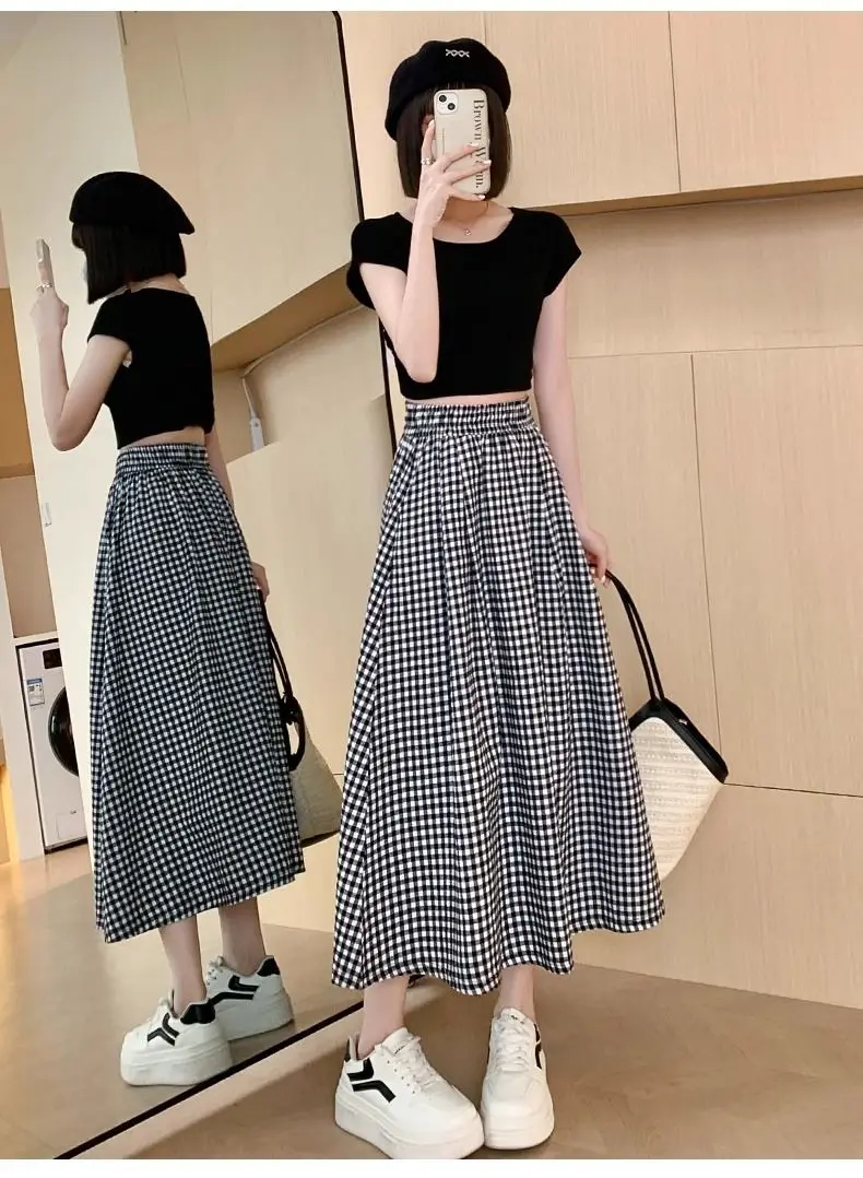 Black White Checkered A-line Skirt Women Summer Lightweight High Waisted Long Skirt for Petite Slimming Casual 2025 New