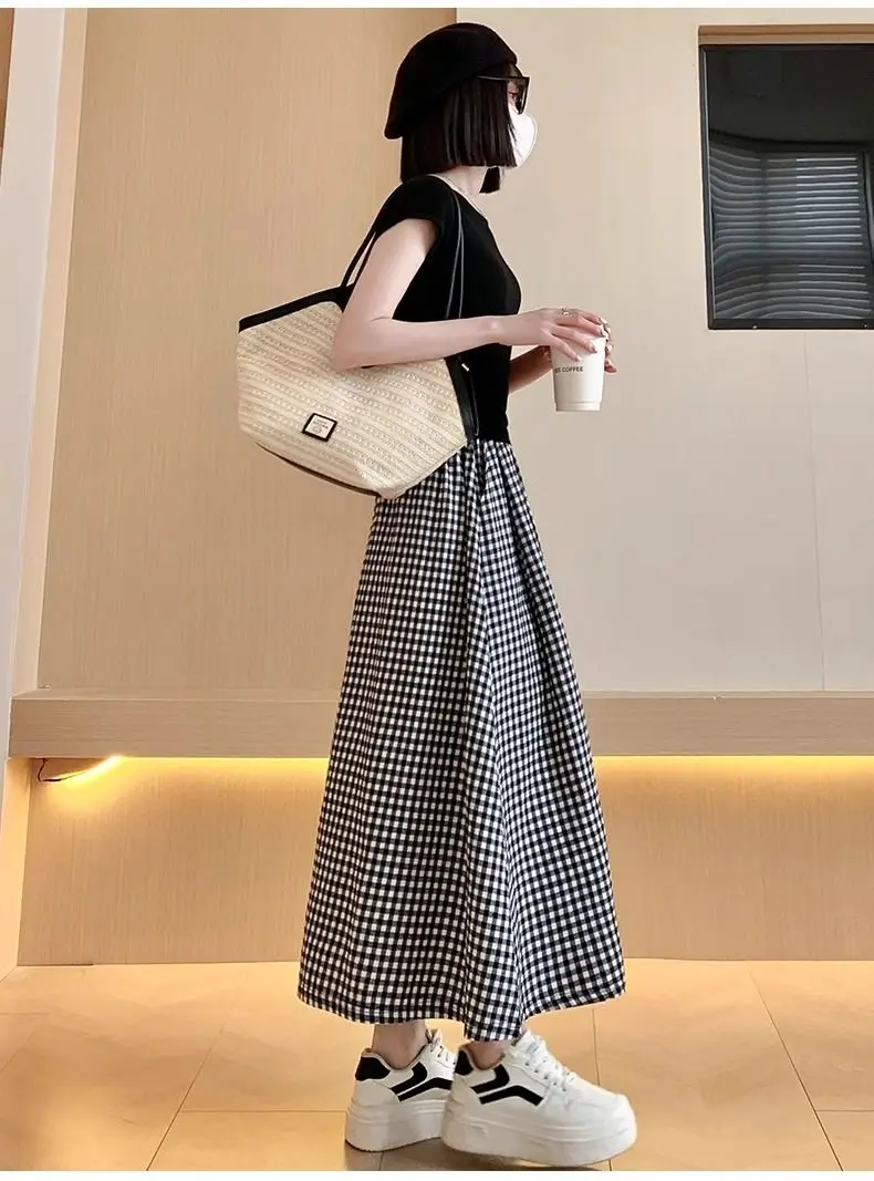 Black White Checkered A-line Skirt Women Summer Lightweight High Waisted Long Skirt for Petite Slimming Casual 2025 New