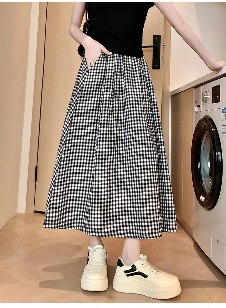 Black White Checkered A-line Skirt Women Summer Lightweight High Waisted Long Skirt for Petite Slimming Casual 2025 New