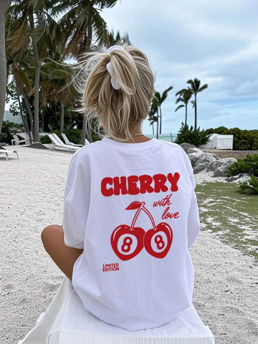 Cherry and number 8 letter print round neck T-shirt Girls summer casual all-match T-shirt breathable short-sleeved top