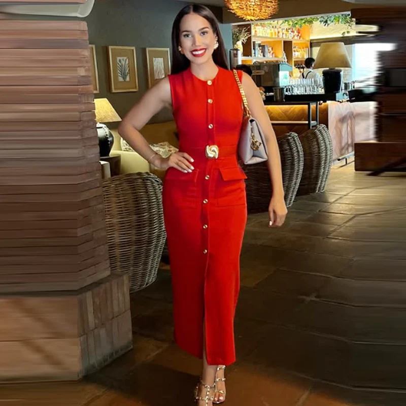 HXAO 2025 Black Dress Women's Dress Summer Elegant Casual Slim Holiday Dress O-Neck Sleeveless Button Up Belt Long Vestidos 066
