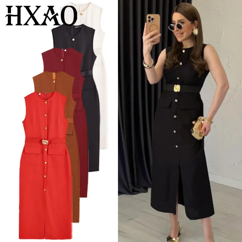 HXAO 2025 Black Dress Women's Dress Summer Elegant Casual Slim Holiday Dress O-Neck Sleeveless Button Up Belt Long Vestidos 066