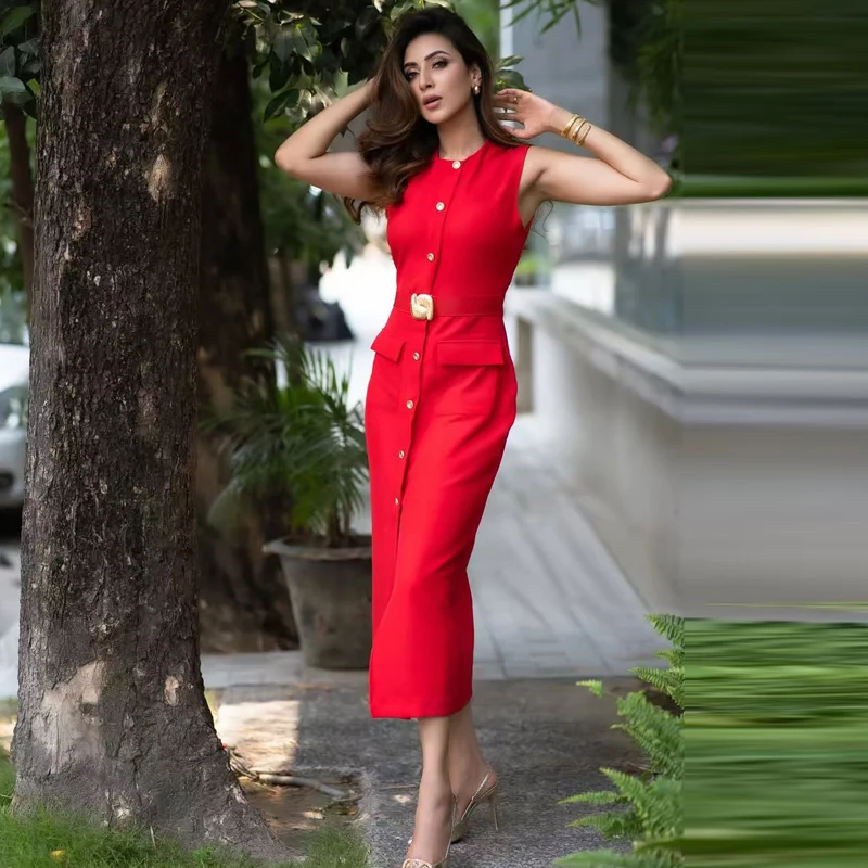 HXAO 2025 Black Dress Women's Dress Summer Elegant Casual Slim Holiday Dress O-Neck Sleeveless Button Up Belt Long Vestidos 066