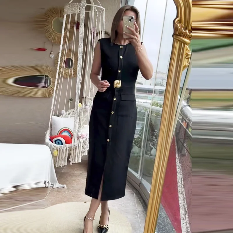 HXAO 2025 Black Dress Women's Dress Summer Elegant Casual Slim Holiday Dress O-Neck Sleeveless Button Up Belt Long Vestidos 066