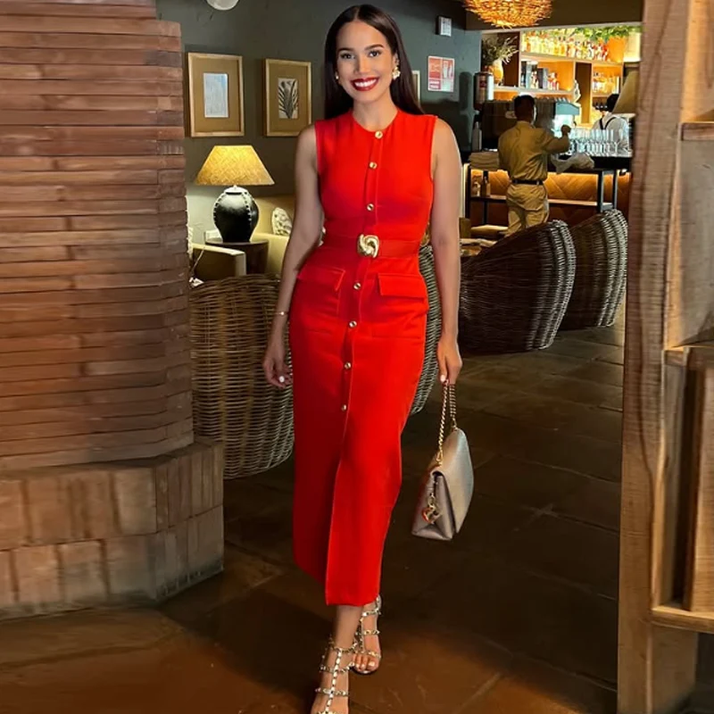 HXAO 2025 Black Dress Women's Dress Summer Elegant Casual Slim Holiday Dress O-Neck Sleeveless Button Up Belt Long Vestidos 066