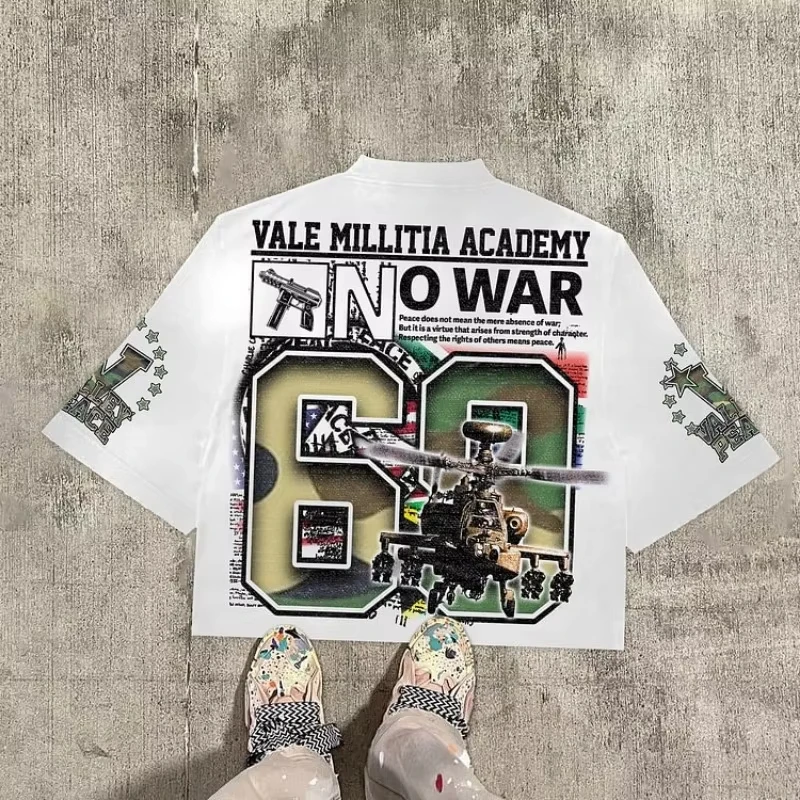 Vintage Warzone 69 Peace Graphic 100% Cotton T-Shirt Cropped Tees Men Y2K Summer Casual Oversize Tshirt Streetwear Women Tops