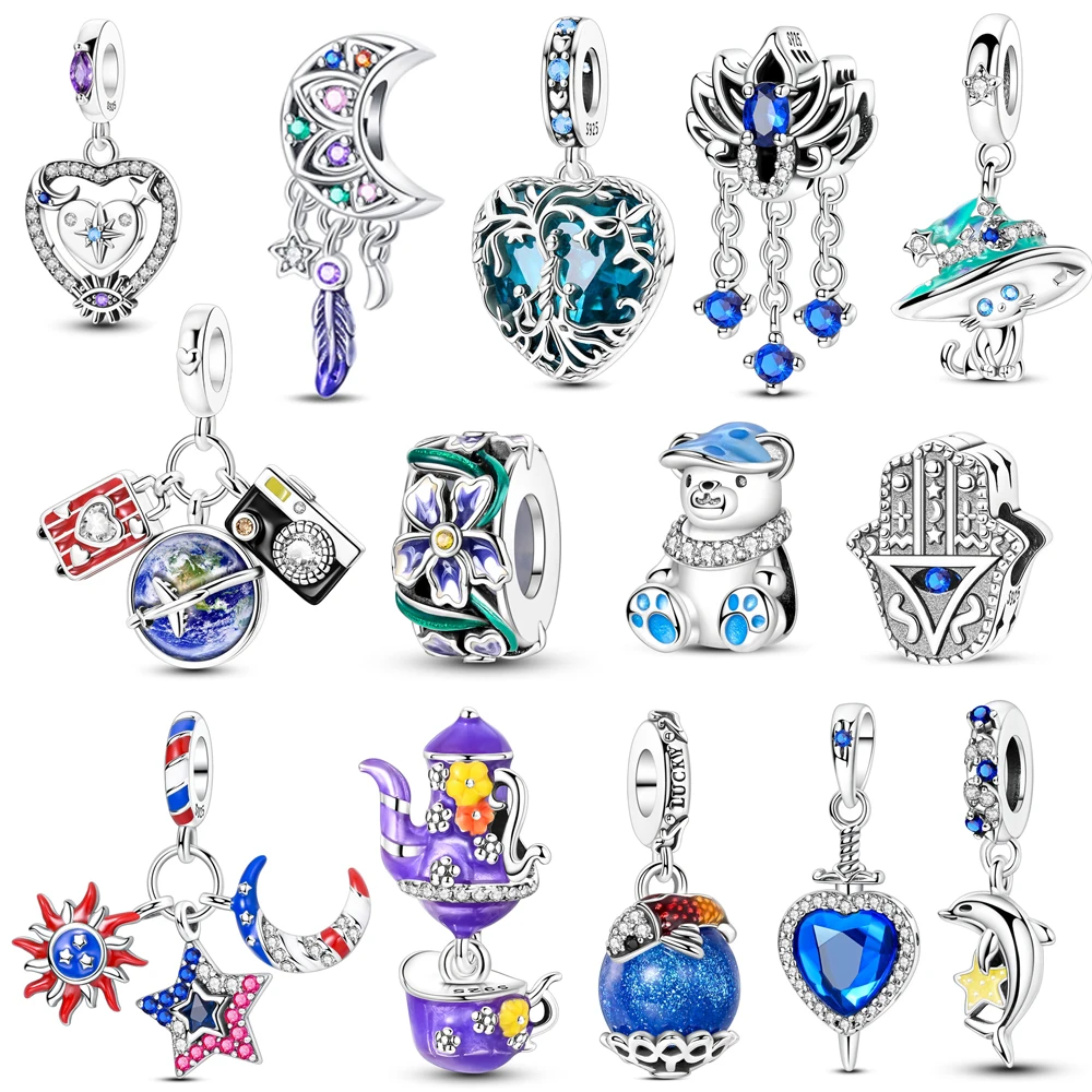 Boutique Unique 925 Sterling Silver Stars & Moon Dream Catcher Dreamy Blue Dangle Charm Fit Original Bracelet Fashion Jewelry