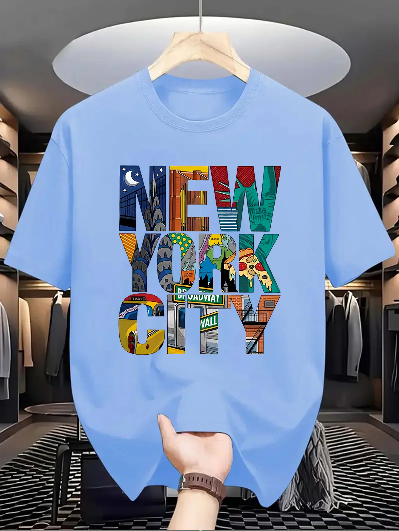 Summer Men's 100% Pure Cotton Casual Loose Fit Plus Size New York City Printed Comfortable Round Neck Short Sleeved T-Shirt Top