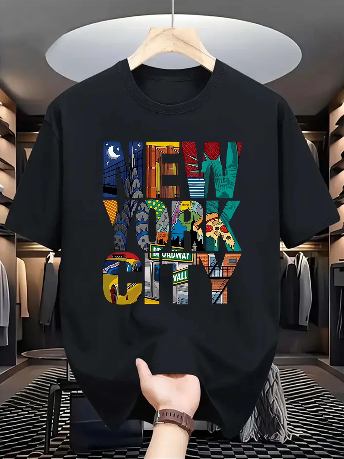 Summer Men's 100% Pure Cotton Casual Loose Fit Plus Size New York City Printed Comfortable Round Neck Short Sleeved T-Shirt Top