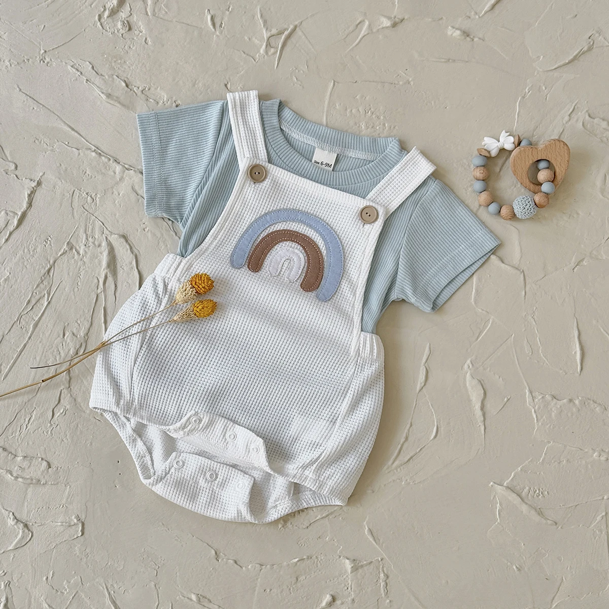 Newborn Baby Boys Clothing Summer Girls Set Rainbow Patch Overalls Romper Jumpsuit+Short Sleeved Shirt Clothes 2Pcs/Set