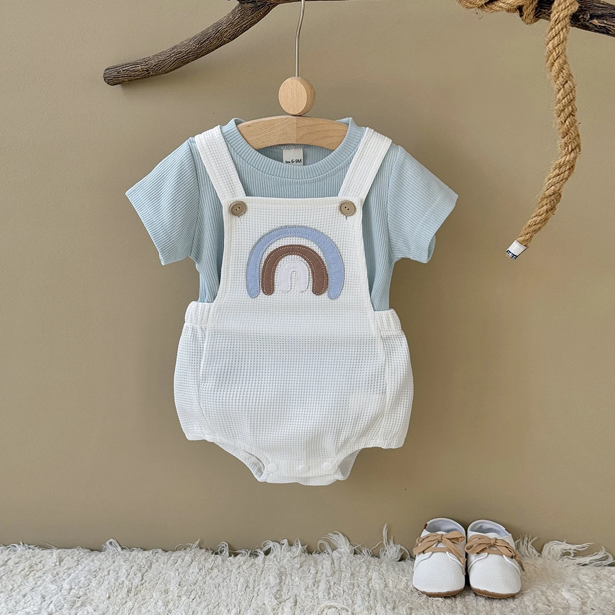Newborn Baby Boys Clothing Summer Girls Set Rainbow Patch Overalls Romper Jumpsuit+Short Sleeved Shirt Clothes 2Pcs/Set