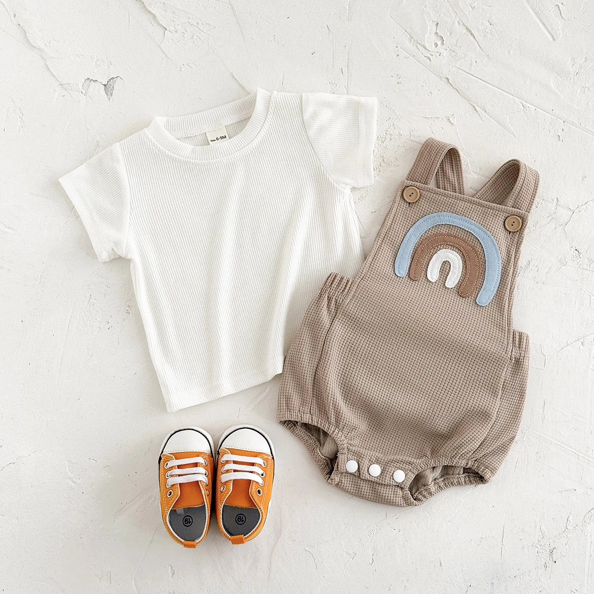 Newborn Baby Boys Clothing Summer Girls Set Rainbow Patch Overalls Romper Jumpsuit+Short Sleeved Shirt Clothes 2Pcs/Set