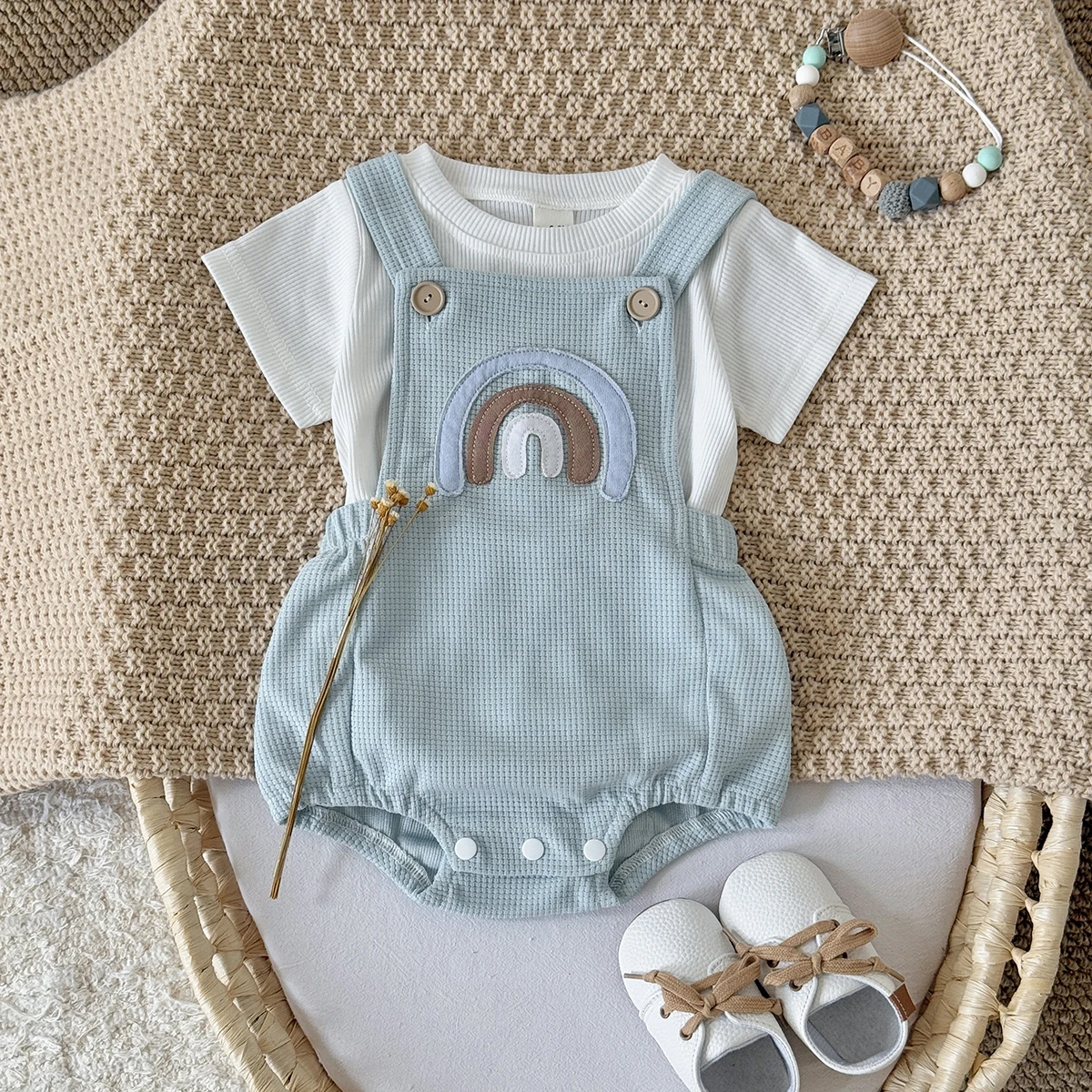 Newborn Baby Boys Clothing Summer Girls Set Rainbow Patch Overalls Romper Jumpsuit+Short Sleeved Shirt Clothes 2Pcs/Set