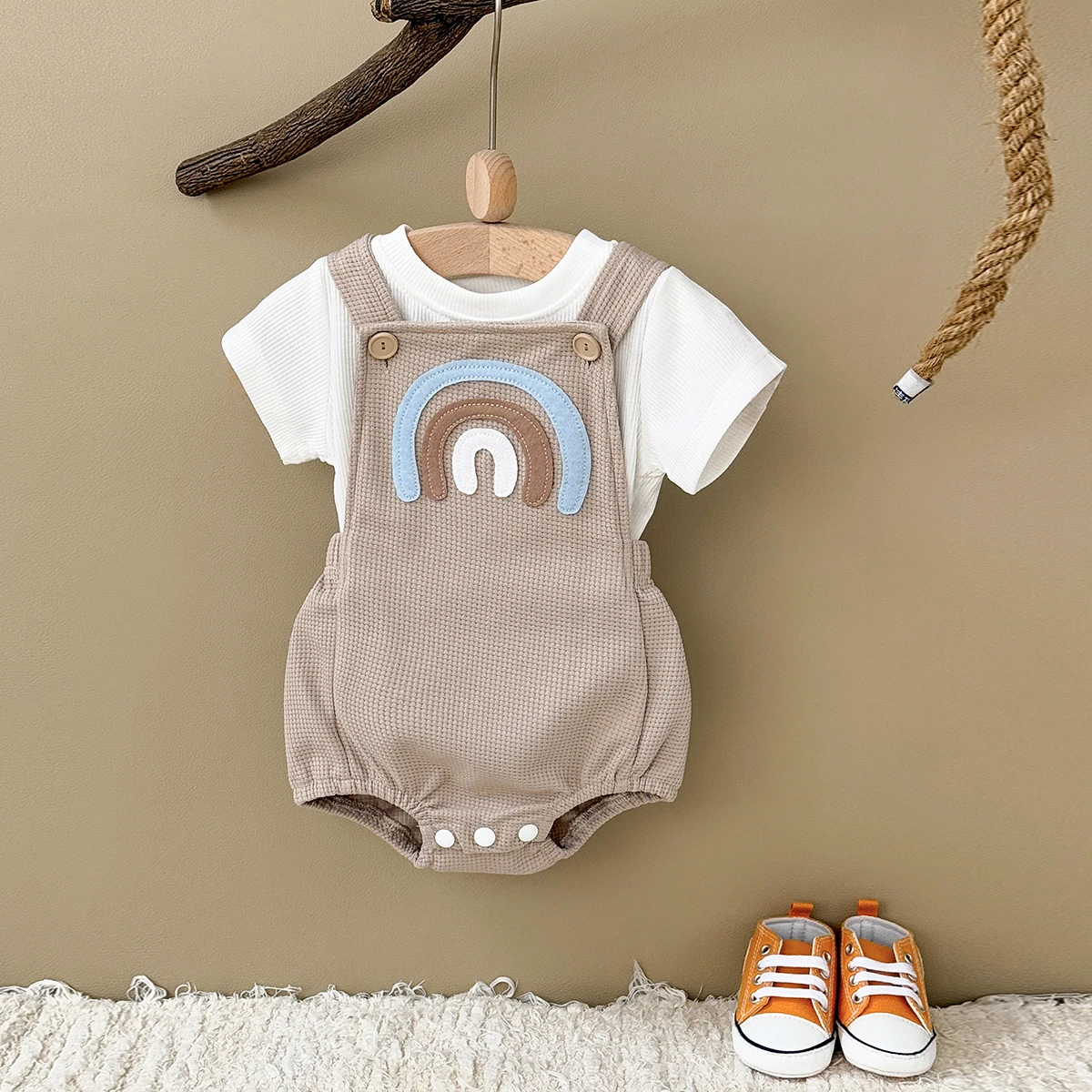 Newborn Baby Boys Clothing Summer Girls Set Rainbow Patch Overalls Romper Jumpsuit+Short Sleeved Shirt Clothes 2Pcs/Set
