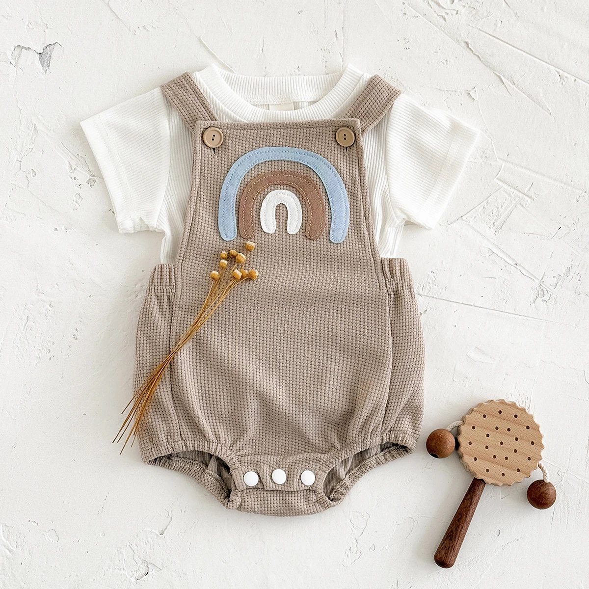 Newborn Baby Boys Clothing Summer Girls Set Rainbow Patch Overalls Romper Jumpsuit+Short Sleeved Shirt Clothes 2Pcs/Set