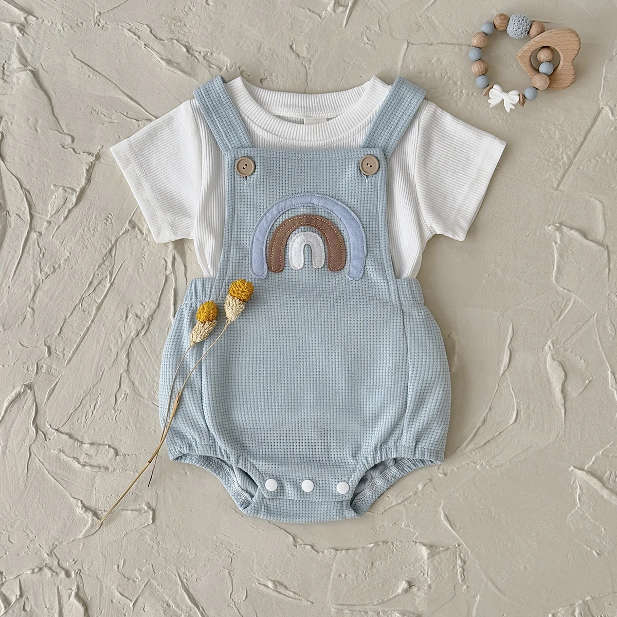 Newborn Baby Boys Clothing Summer Girls Set Rainbow Patch Overalls Romper Jumpsuit+Short Sleeved Shirt Clothes 2Pcs/Set