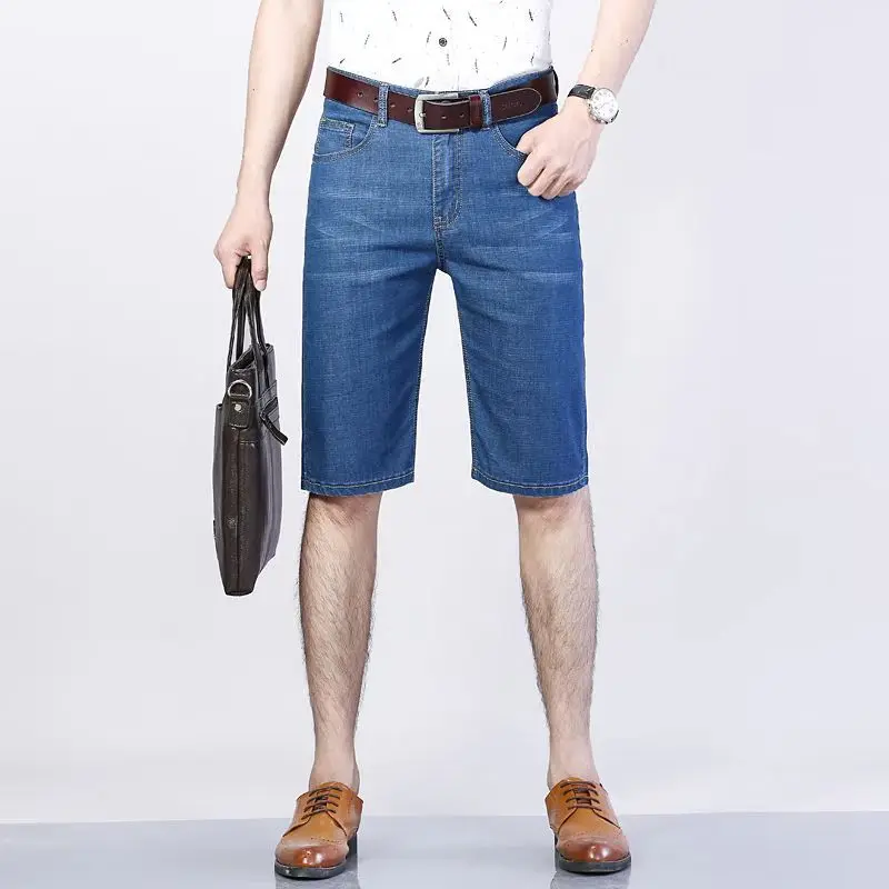 Summer Men's Denim Shorts Thin, Breathable, Loose, Business Pentagram Pants Fashionable and Comfortable Straight Shorts Blue