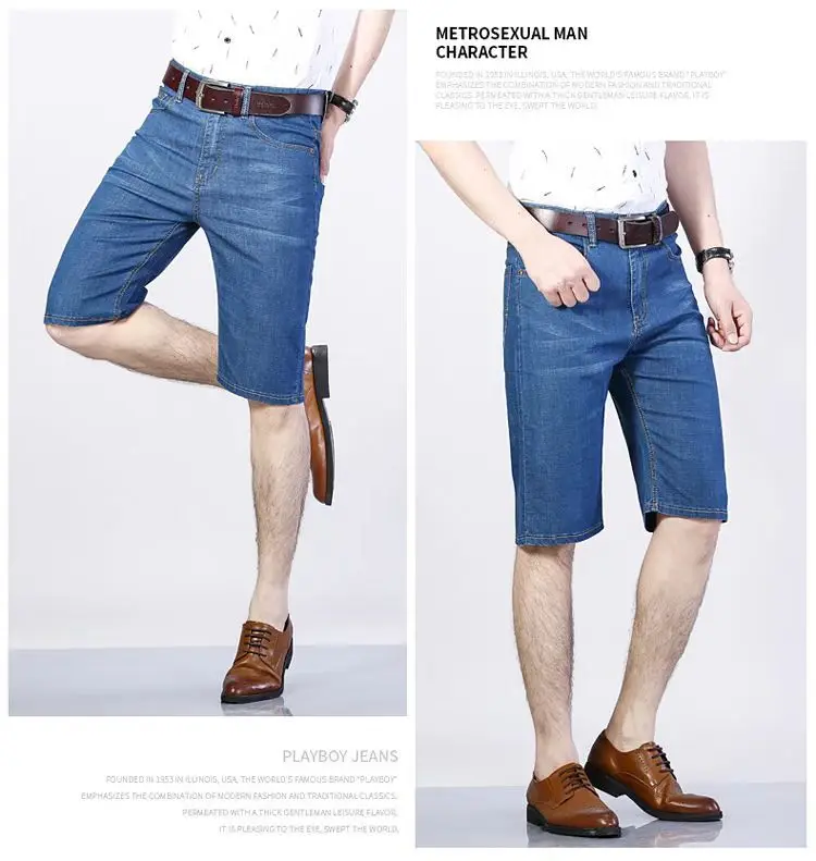 Summer Men's Denim Shorts Thin, Breathable, Loose, Business Pentagram Pants Fashionable and Comfortable Straight Shorts Blue
