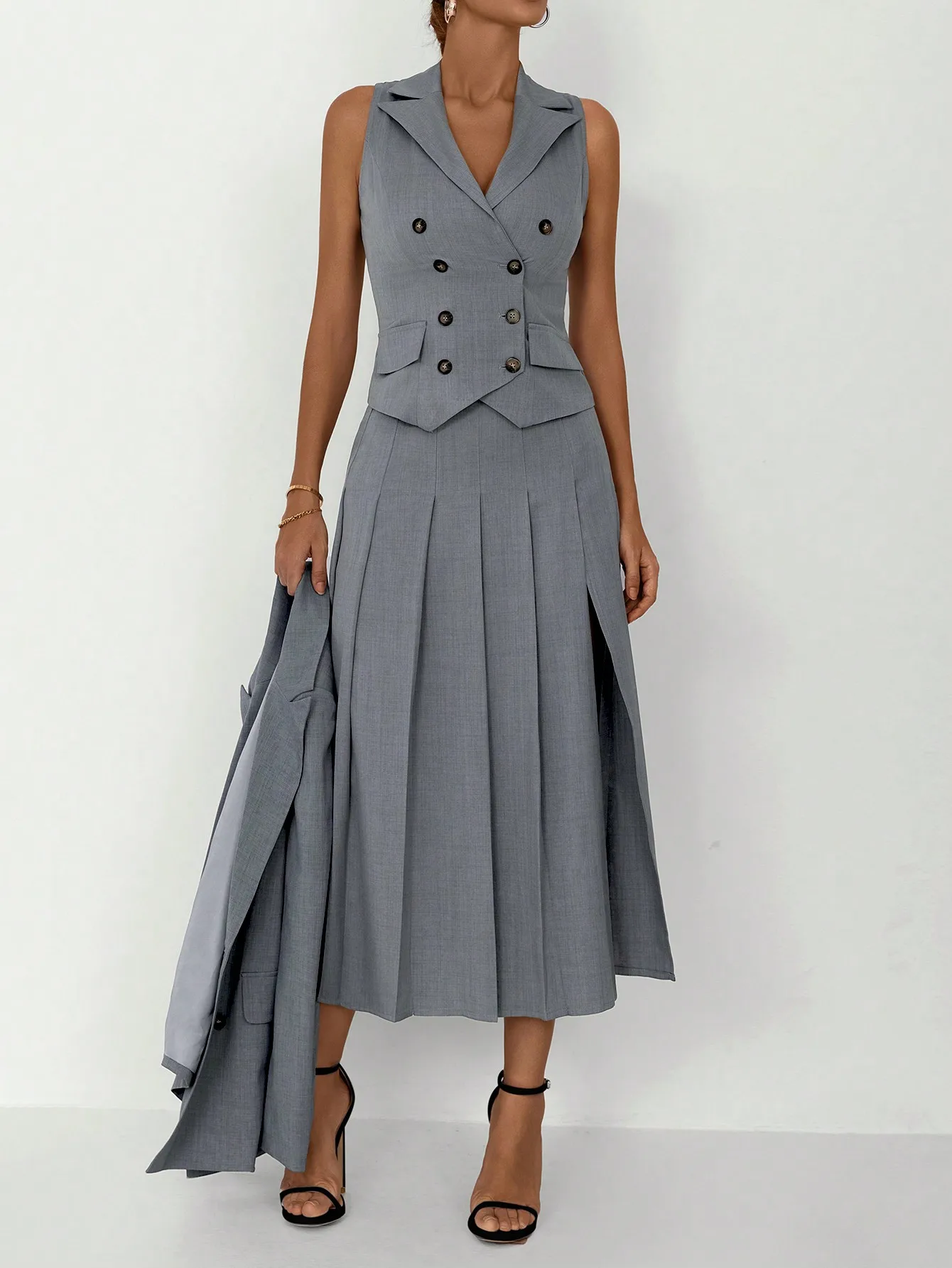 3pcs Women Elegant Work Casual Business Suit Set: Fitted Vest for Spring/Summer, Pleated Midi Skirt, Suitable for Office Lady