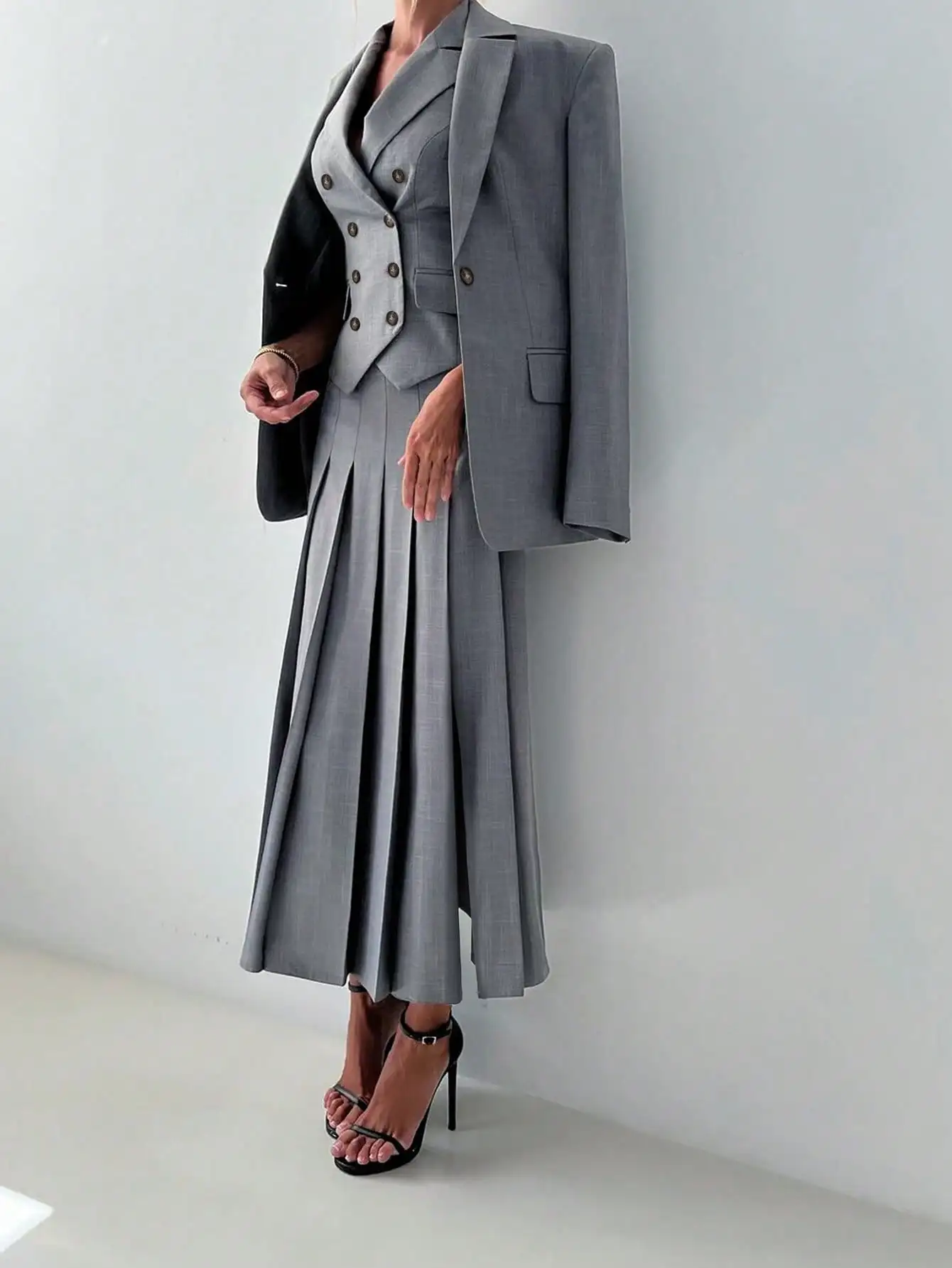 3pcs Women Elegant Work Casual Business Suit Set: Fitted Vest for Spring/Summer, Pleated Midi Skirt, Suitable for Office Lady