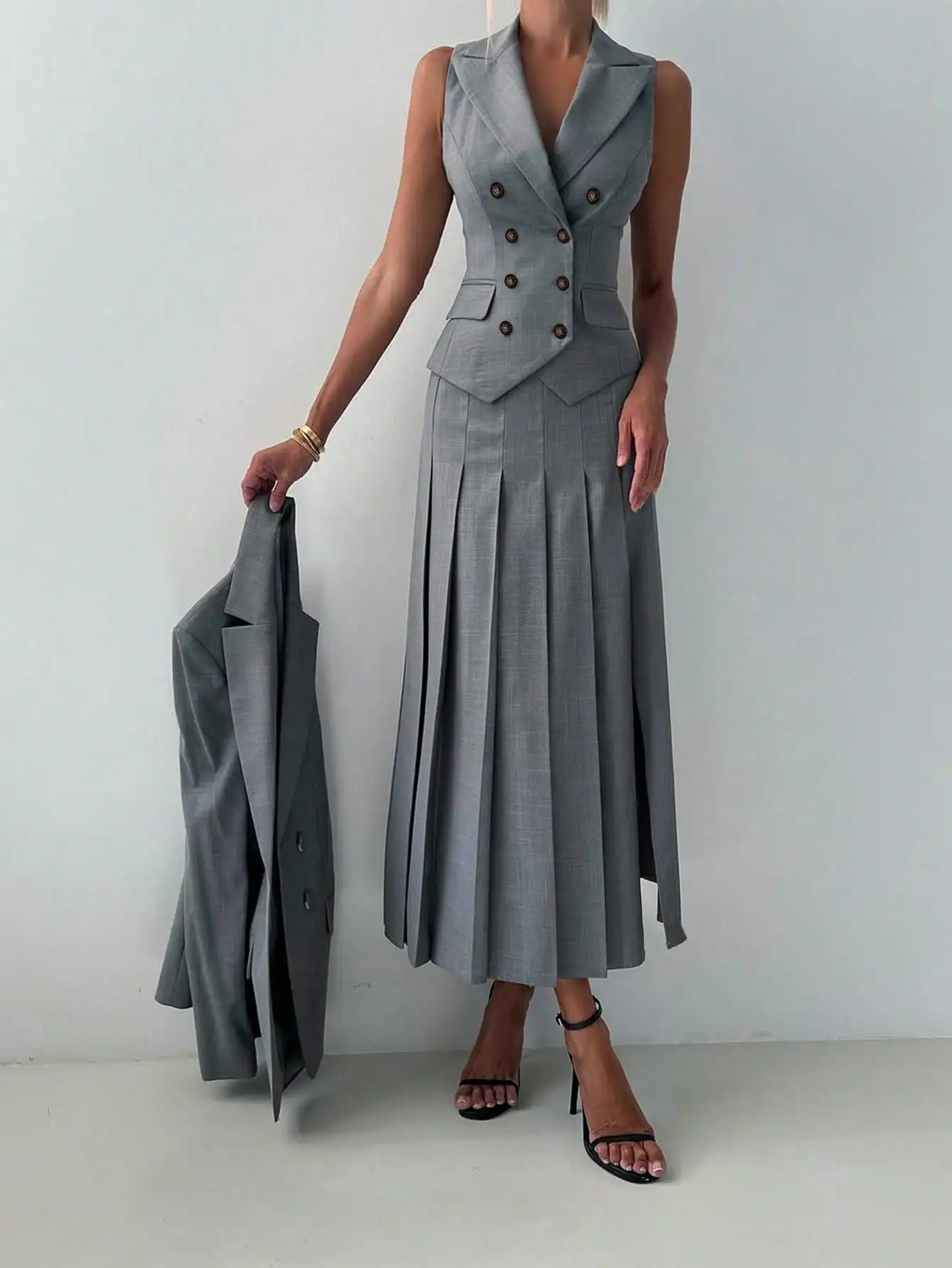 3pcs Women Elegant Work Casual Business Suit Set: Fitted Vest for Spring/Summer, Pleated Midi Skirt, Suitable for Office Lady