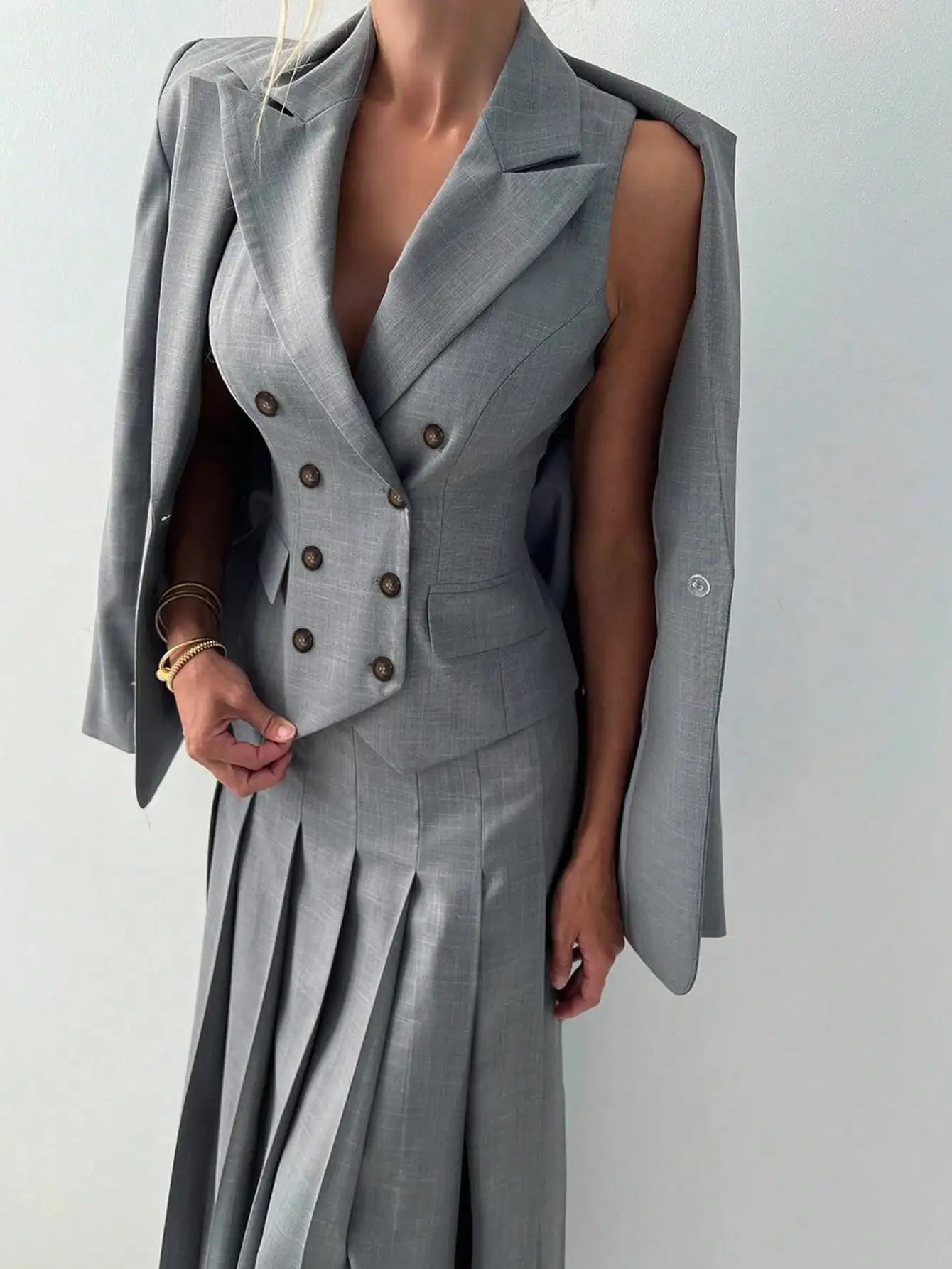 3pcs Women Elegant Work Casual Business Suit Set: Fitted Vest for Spring/Summer, Pleated Midi Skirt, Suitable for Office Lady