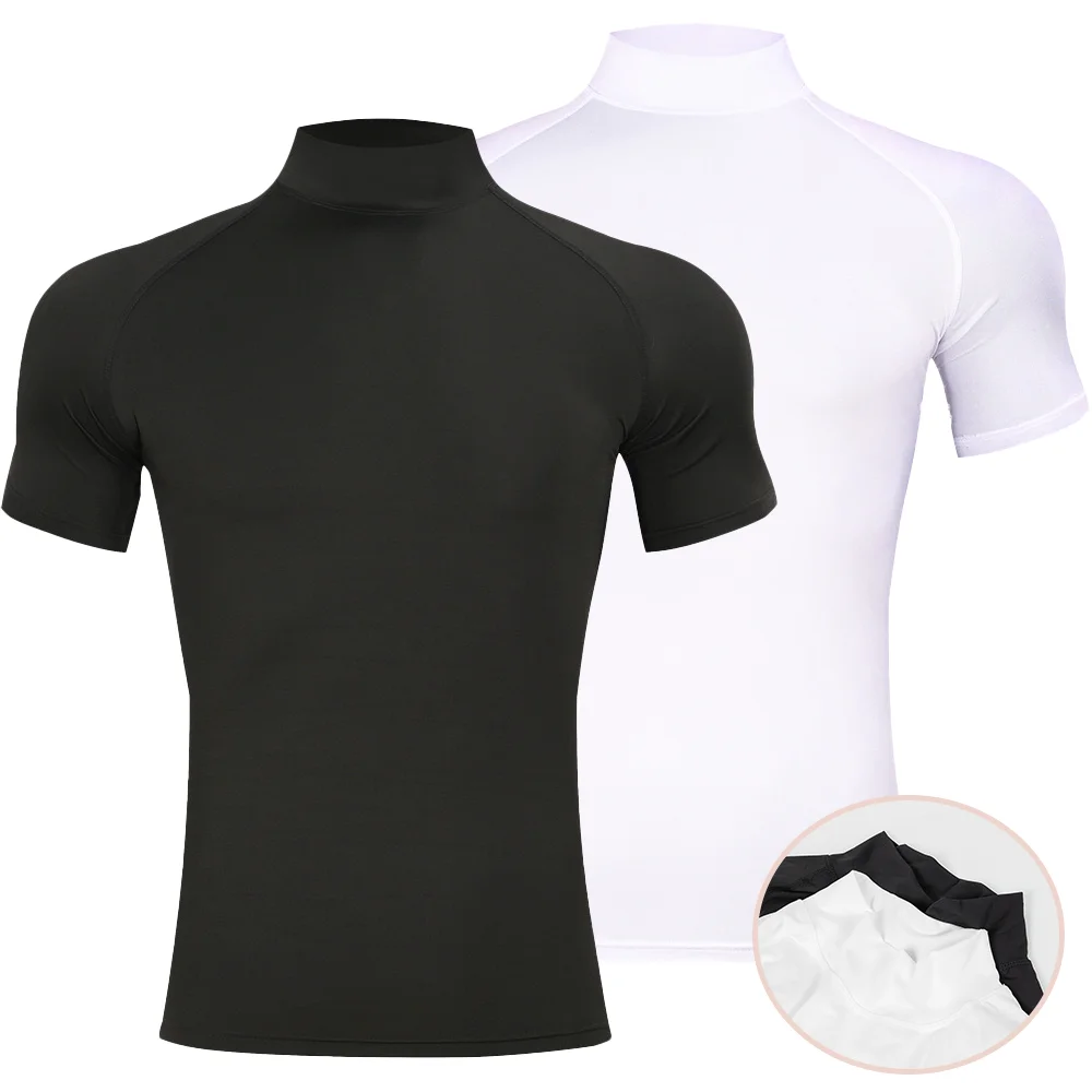 2Pcs Mens Compression T-shirt Summer Bodybuilding Sports Tight Turtleneck Short Sleeve Gym Quick Dry Running Male Workout Top