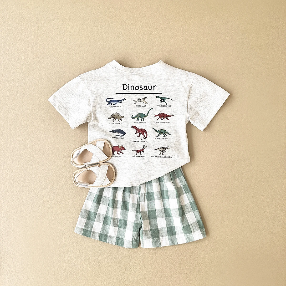 2Pcs Set New Baby Boy Girl Clothing Set Toddler Baby Clothes Dinosaur Print T-shirt+Grid Shorts Newborn Boy Girl Summer Outfits