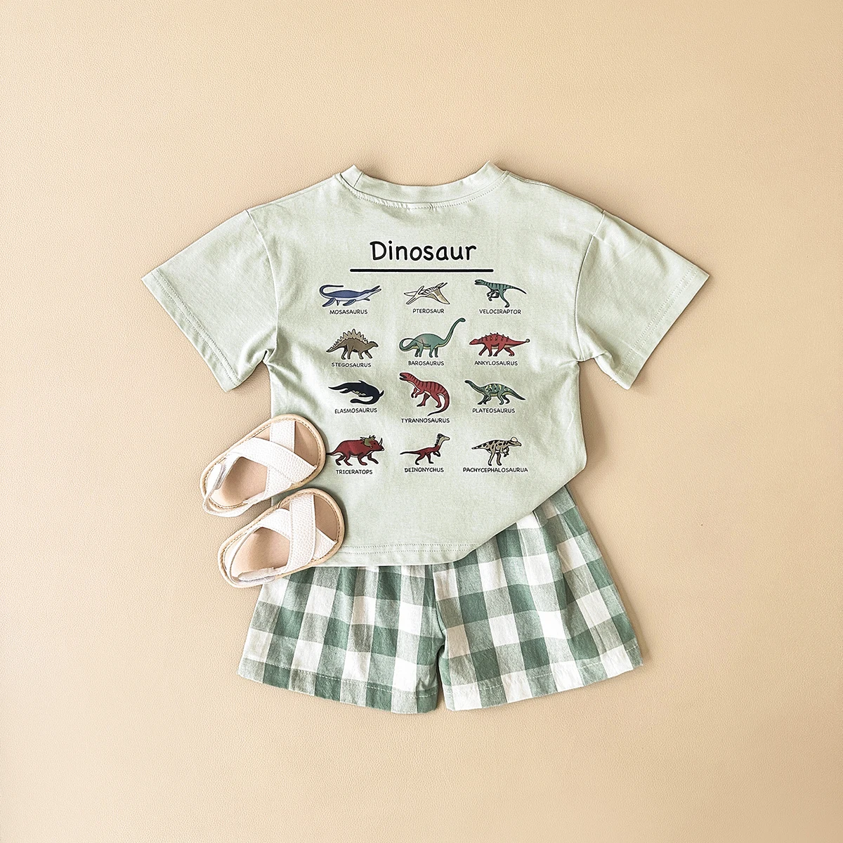 2Pcs Set New Baby Boy Girl Clothing Set Toddler Baby Clothes Dinosaur Print T-shirt+Grid Shorts Newborn Boy Girl Summer Outfits