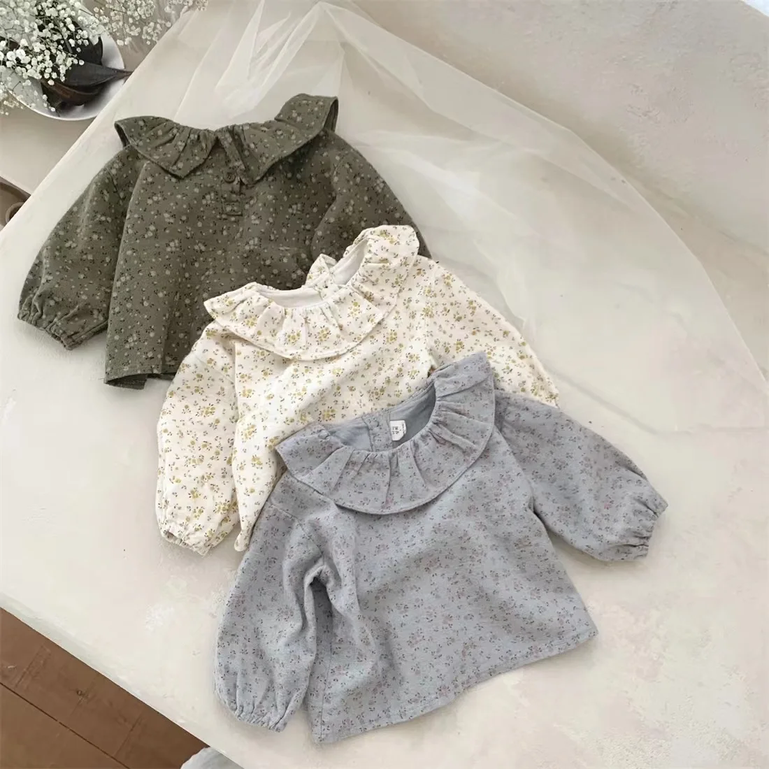 WT22425 Children Clothing Spring&Autumn Flower Soft Shirt for Newborn Baby Elegant Doll Collar Long Sleeved Top for Toddler Girl