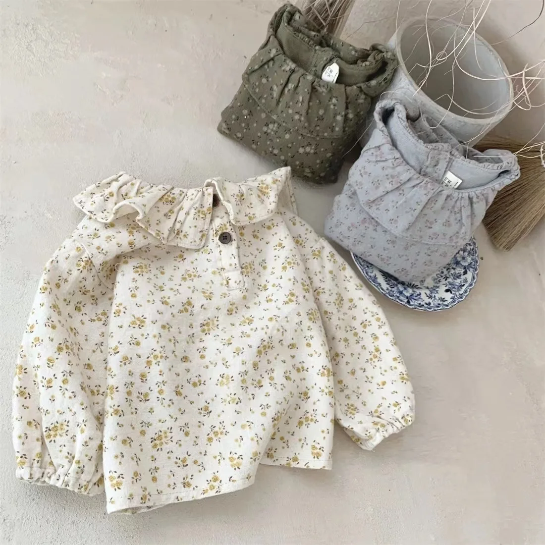 WT22425 Children Clothing Spring&Autumn Flower Soft Shirt for Newborn Baby Elegant Doll Collar Long Sleeved Top for Toddler Girl