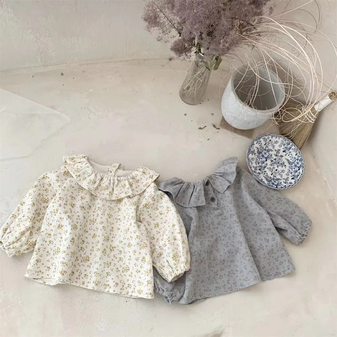 WT22425 Children Clothing Spring&Autumn Flower Soft Shirt for Newborn Baby Elegant Doll Collar Long Sleeved Top for Toddler Girl