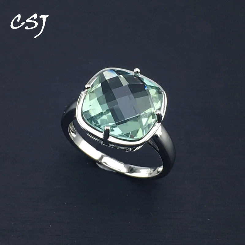 CSJ Green Amethyst Rings Sterling 925 Silver Natural Gemstone Cushion 12mm Women Lady Wedding Engagment Party Gift Box
