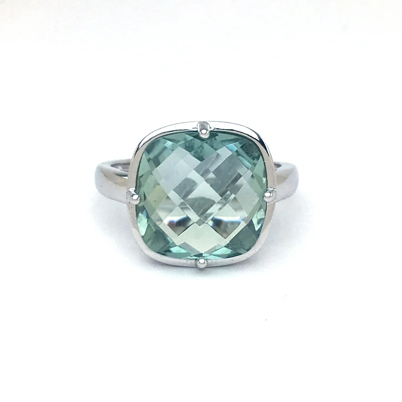 CSJ Green Amethyst Rings Sterling 925 Silver Natural Gemstone Cushion 12mm Women Lady Wedding Engagment Party Gift Box