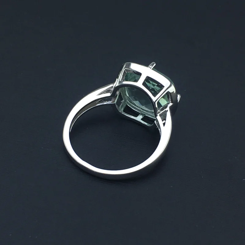 CSJ Green Amethyst Rings Sterling 925 Silver Natural Gemstone Cushion 12mm Women Lady Wedding Engagment Party Gift Box