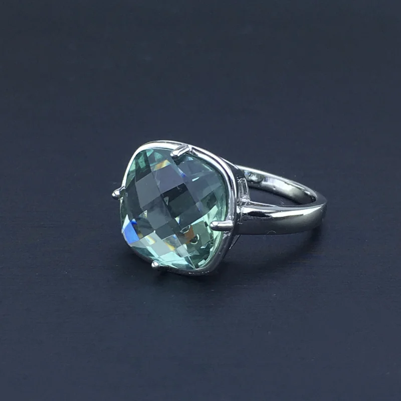 CSJ Green Amethyst Rings Sterling 925 Silver Natural Gemstone Cushion 12mm Women Lady Wedding Engagment Party Gift Box