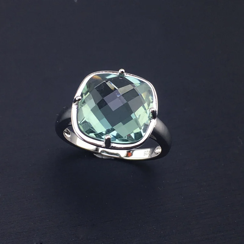 CSJ Green Amethyst Rings Sterling 925 Silver Natural Gemstone Cushion 12mm Women Lady Wedding Engagment Party Gift Box