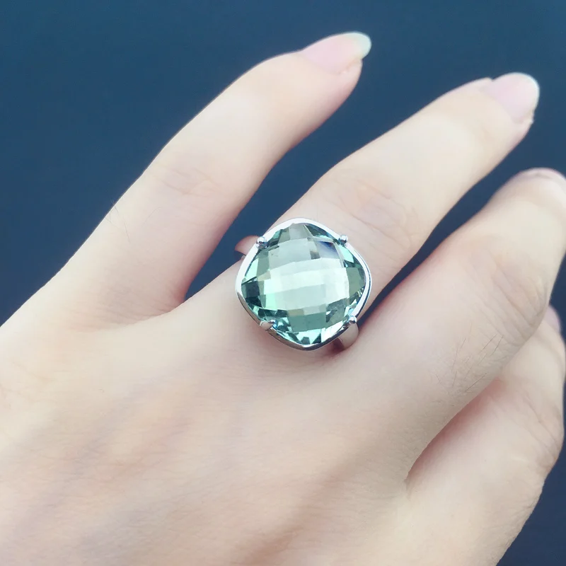 CSJ Green Amethyst Rings Sterling 925 Silver Natural Gemstone Cushion 12mm Women Lady Wedding Engagment Party Gift Box