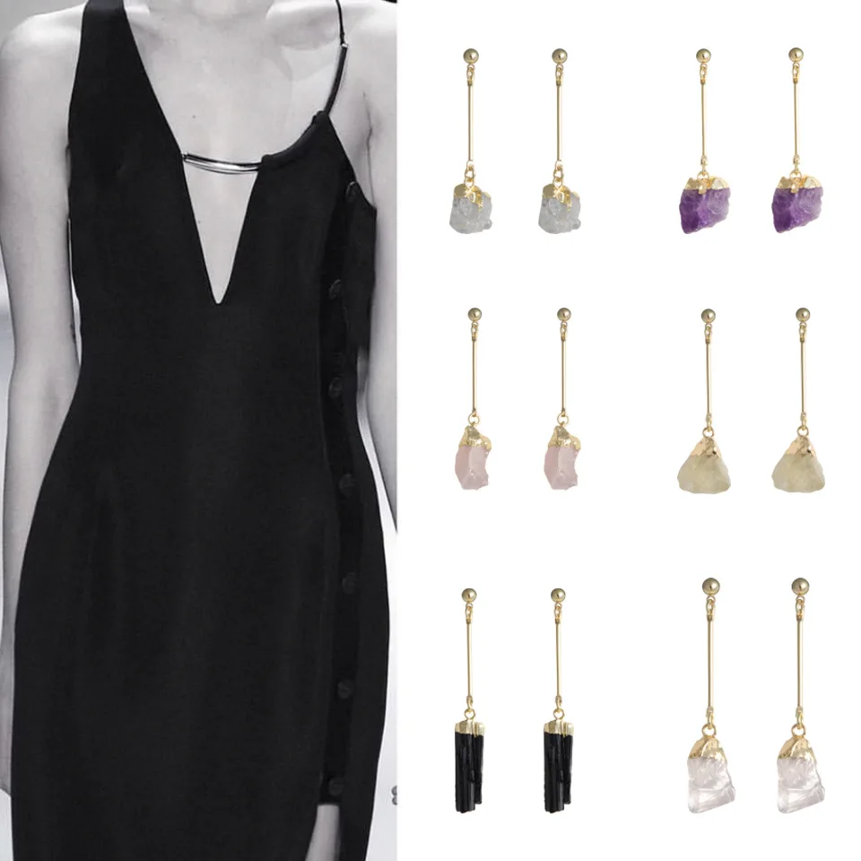SANSHI Earrings Natural Crystal Drop Earrings, Crystal Strips, Black Tourmaline Rough, Vintage Earrings For Party Gift