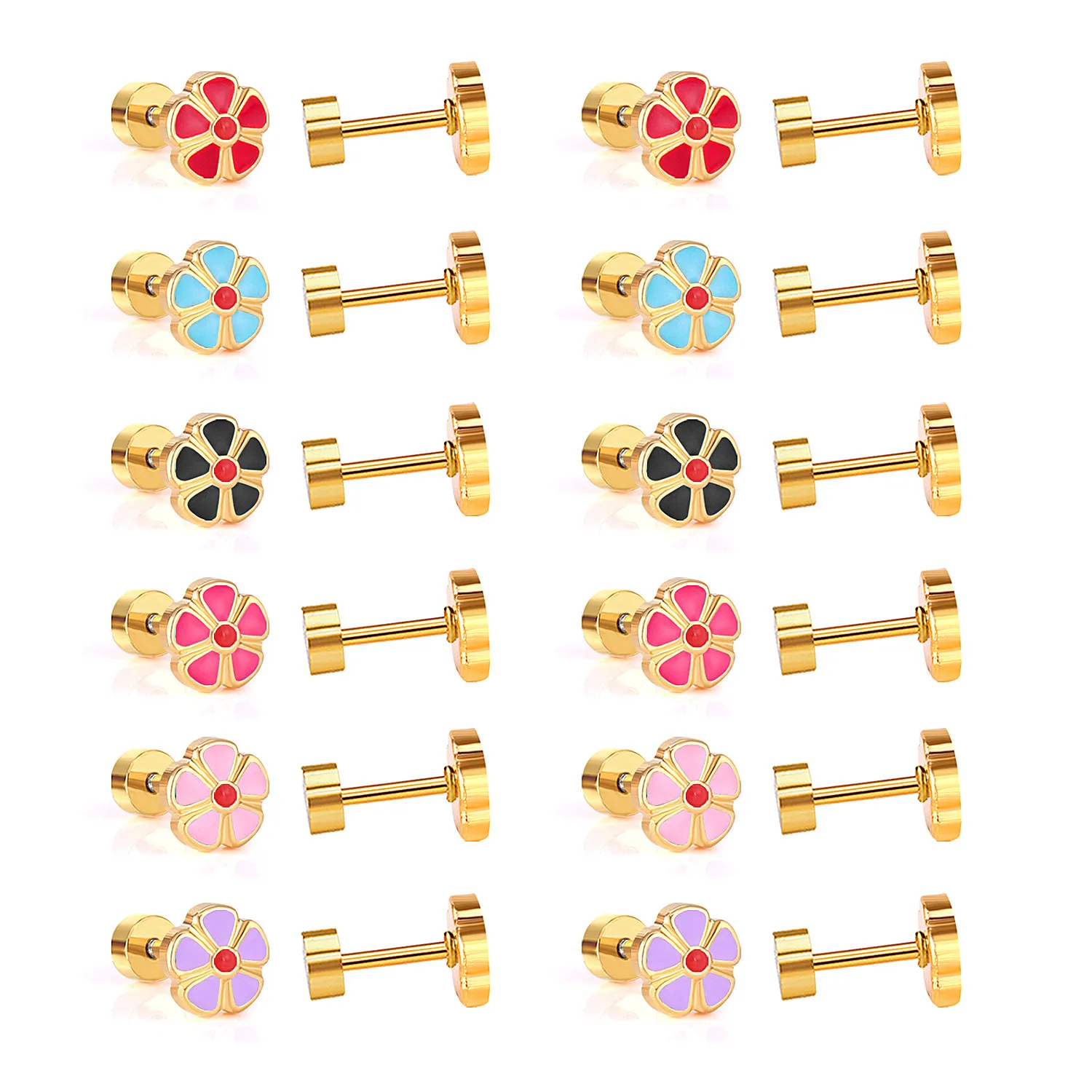 12 Pair/lot Cute Girls Stud Earrings 316L Stainless Steel For Women Love Heart Flower Piercing Stud Jewelry Party Gift Trendy