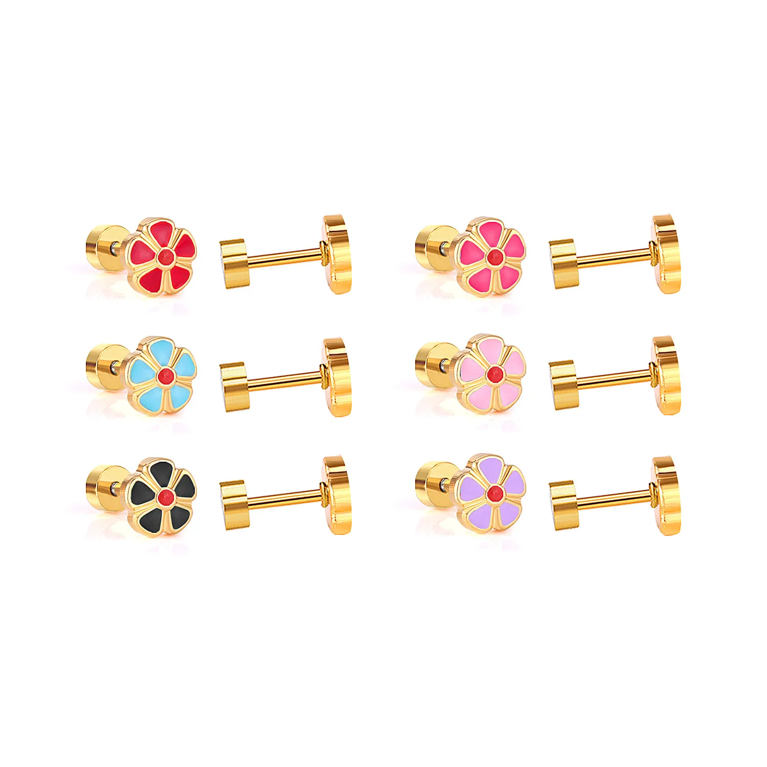 12 Pair/lot Cute Girls Stud Earrings 316L Stainless Steel For Women Love Heart Flower Piercing Stud Jewelry Party Gift Trendy