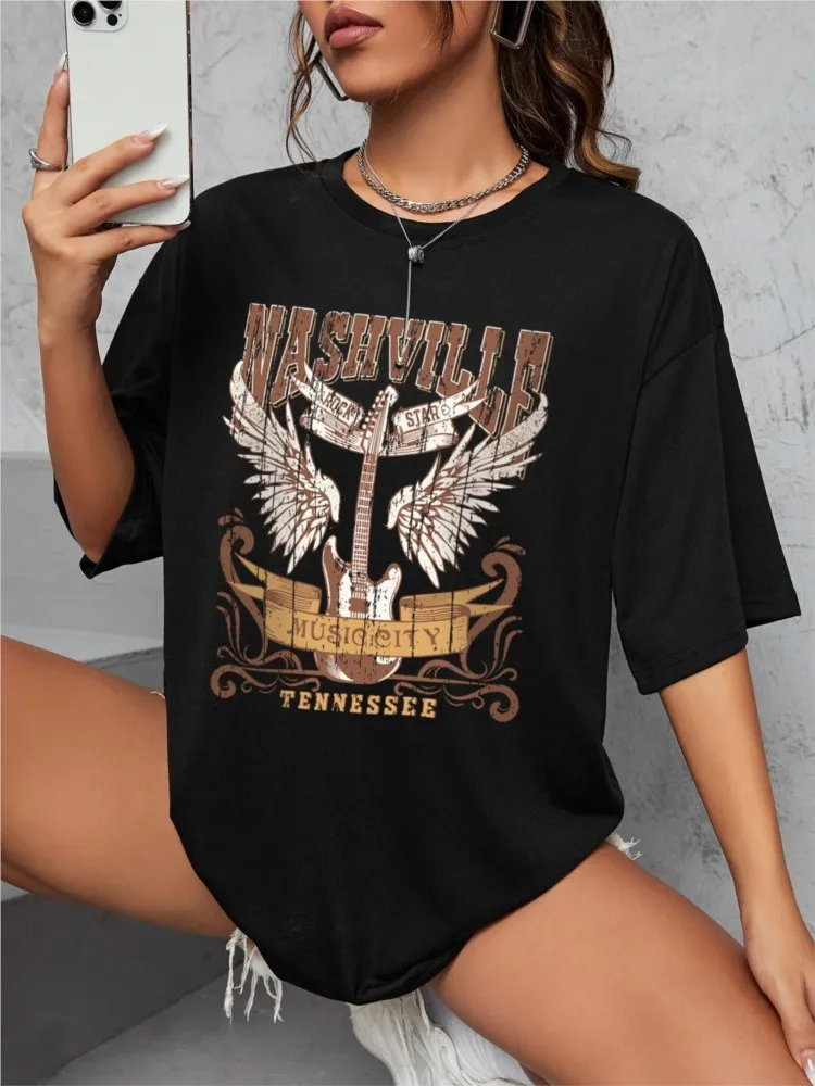 Woman Cotton T-Shirts Nashville Music City Tennessee Prints Tees Fashion Female Short Sleeve Clothes Comfortable Street Tops